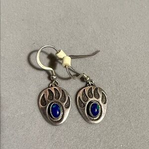Silver Bear Paw Earrings with Blue Stone